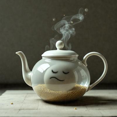 The primary subject of the image is a white teapot with a face drawn on it, giving it a playful and whimsical appearance. The teapot is placed on a wooden table, which serves as the setting for the scene. The visual style of the image is a combination of photo and digital art, creating a unique and creative representation of the teapot. The colors and mood of the image are predominantly white, with a touch of humor and lightheartedness.